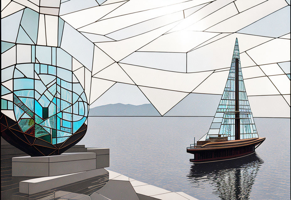 Modern glass building by calm sea with sailboat & mountains