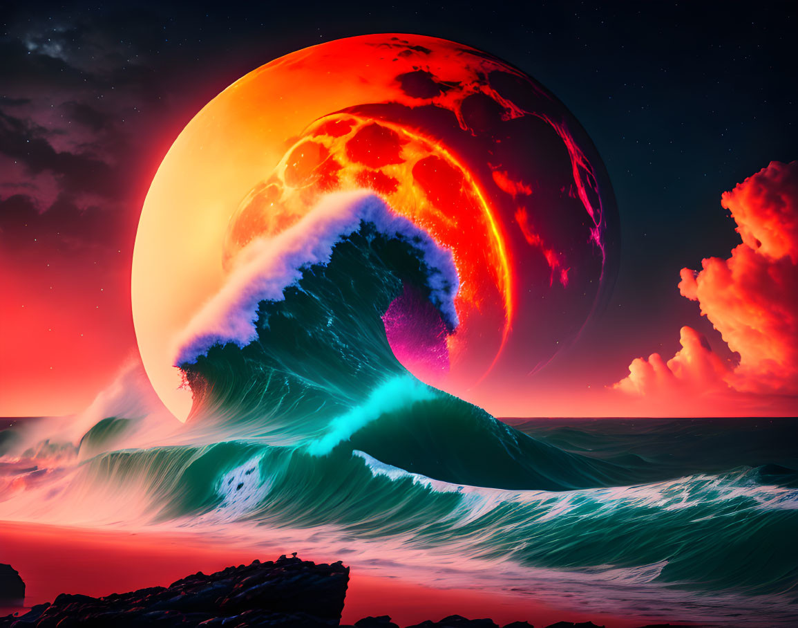 Vibrant digital artwork: Colossal wave, red moon, fiery sky