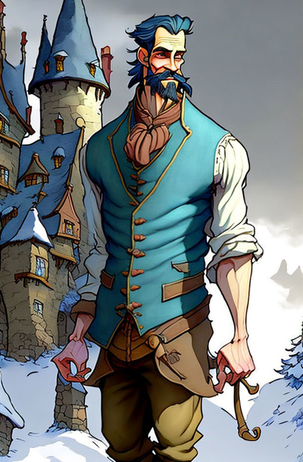 Muscular man with bow in snowy landscape and castle background