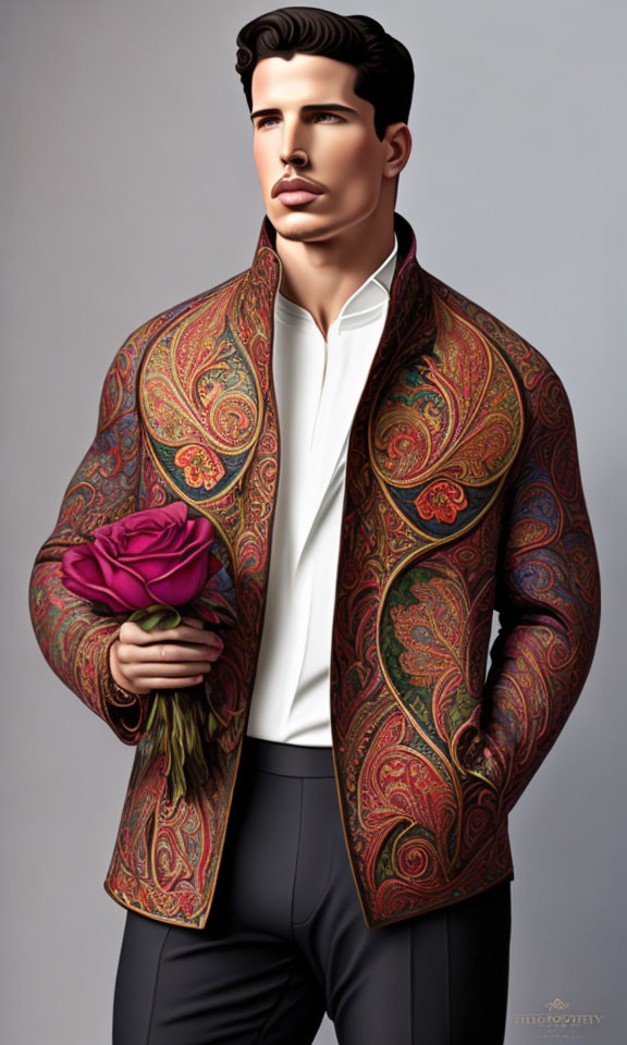 Stylized illustration of man with mustache in patterned jacket holding pink rose
