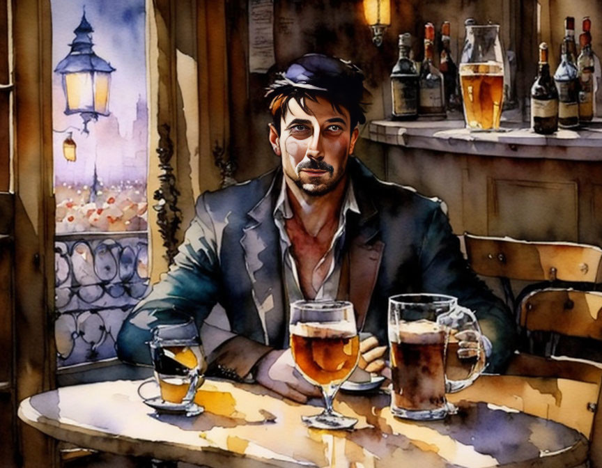 Man with stubble in hat at bar with two drinks in warm setting