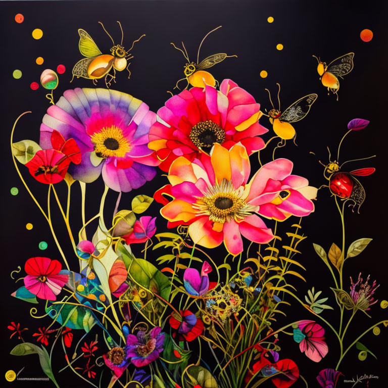 Colorful Oversized Flowers and Whimsical Insects on Dark Background