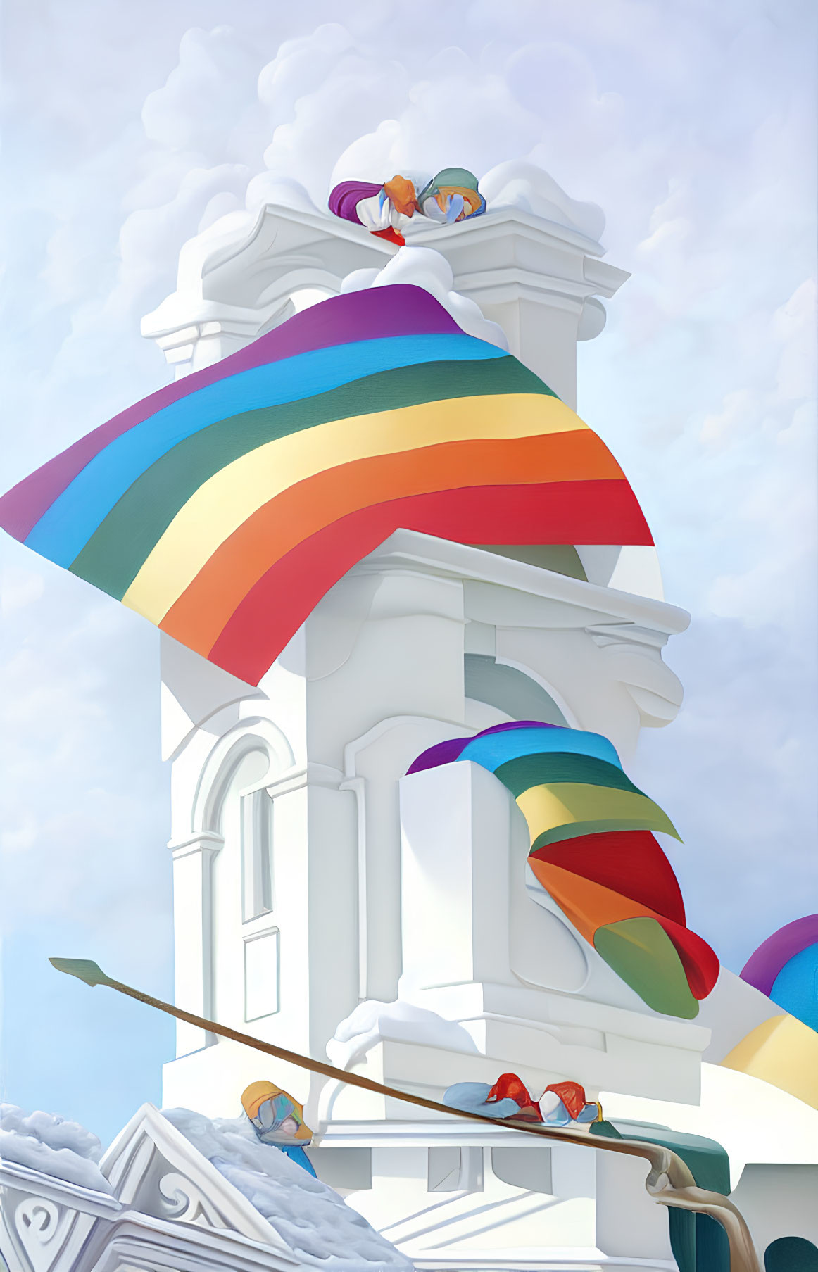 Four people on rainbow structure under cloudy sky