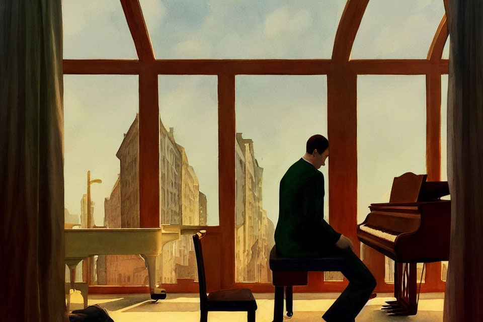 Person playing piano near large window with sunlit buildings and clear sky view