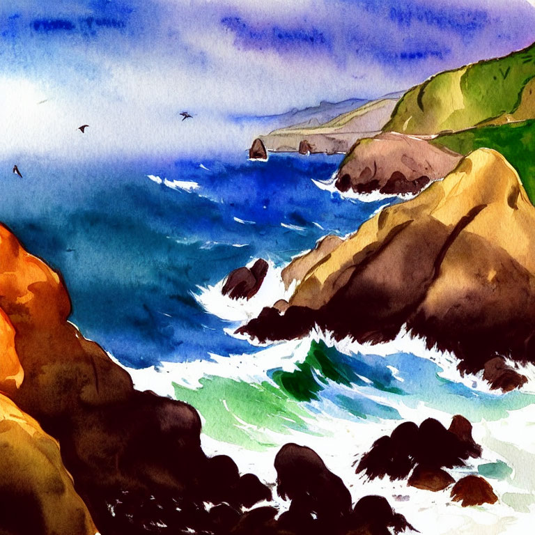 Ocean waves crashing against rocks in watercolor painting.