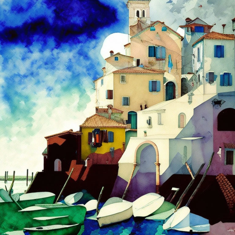 Vibrant Mediterranean coastal village scene with houses, bridge, boats, and blue sky.