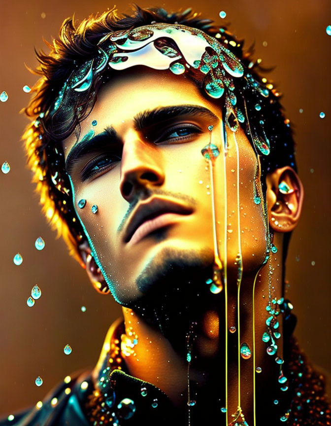 Stylized portrait of a man with jewel-like water droplets and golden hues