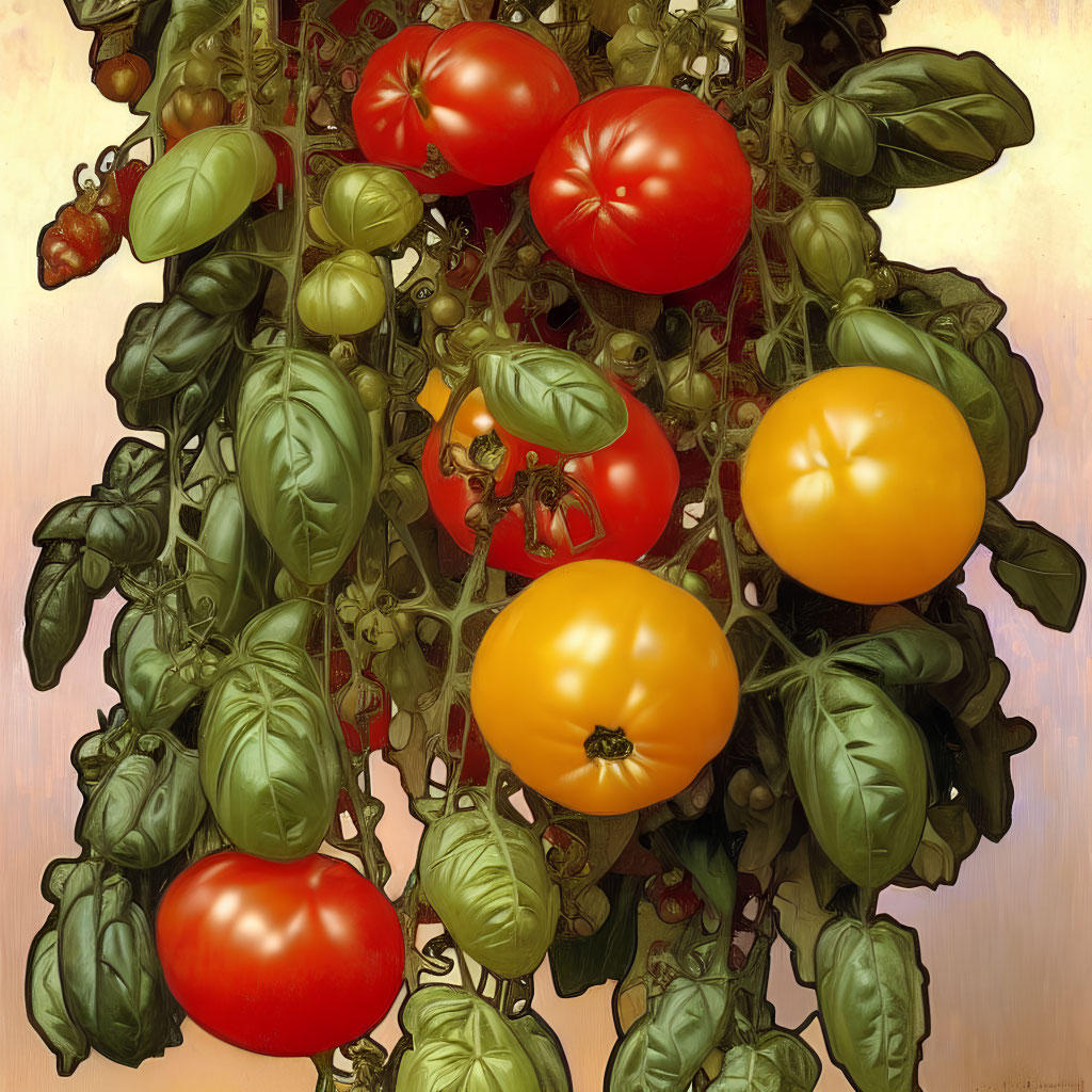Vibrant red and yellow tomatoes with green basil leaves on vine.