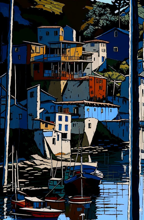 Vibrant abstract painting of colorful cliffside buildings overlooking a harbor