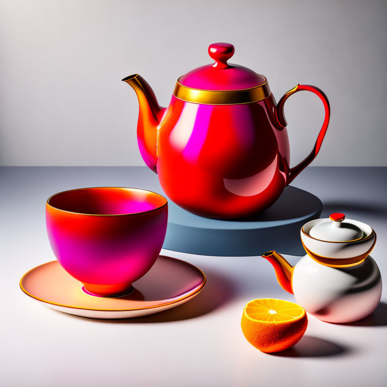 Colorful Teapot Set with Orange Slice on Grey Surface
