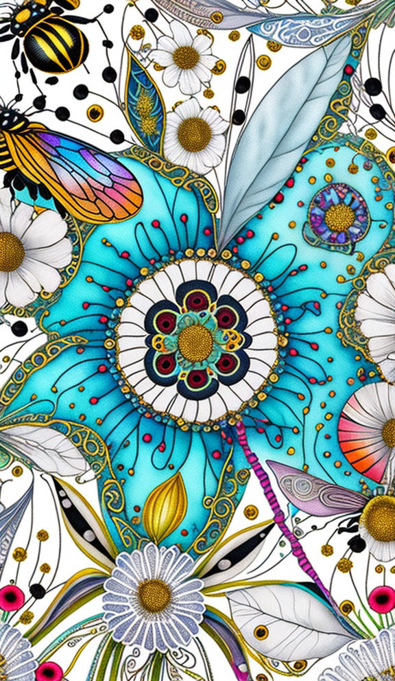 Colorful butterfly and stylized flowers with golden accents