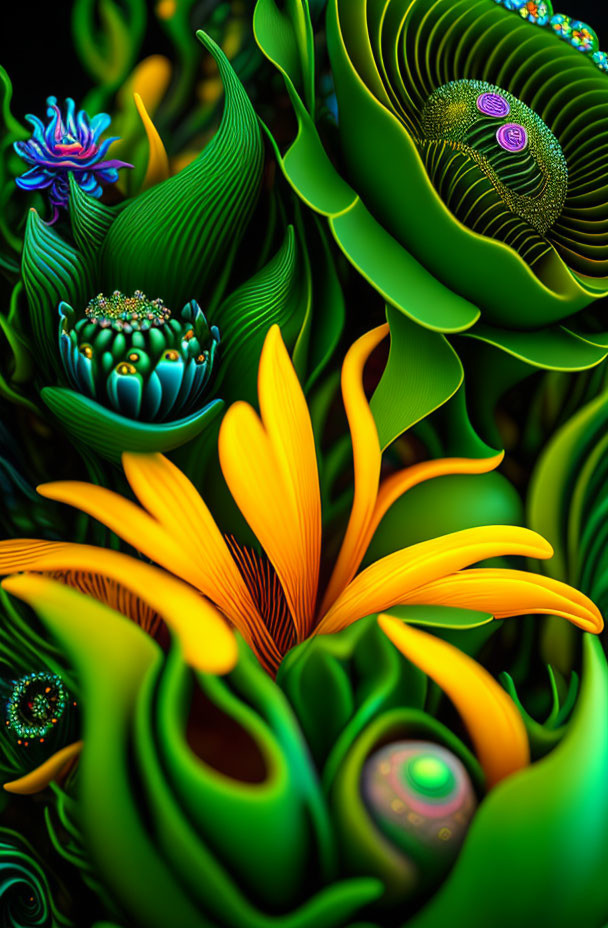 Abstract neon-colored plant-like digital artwork with intricate details and swirling patterns.