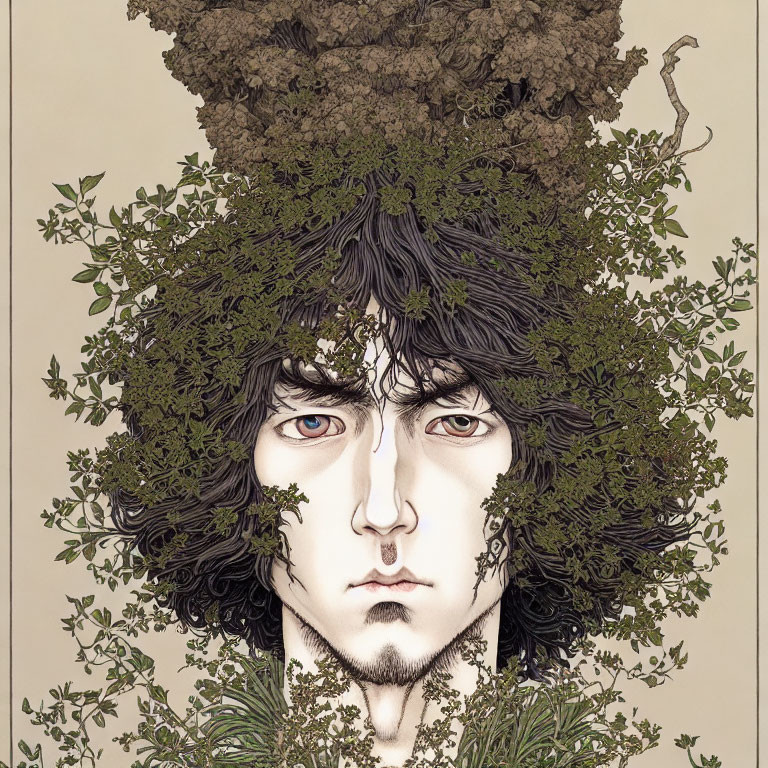 Surreal portrait of a person with forest-like hair transformation