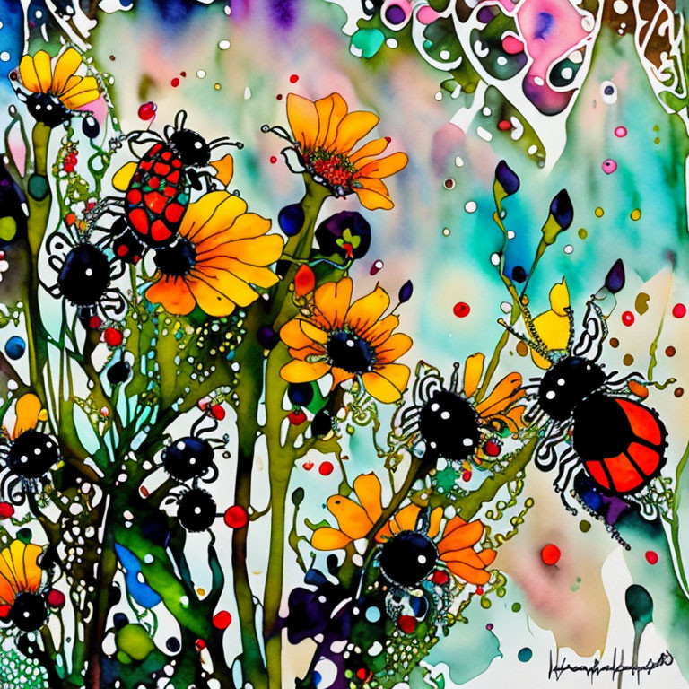 Colorful Watercolor Painting of Whimsical Flowers and Ladybugs
