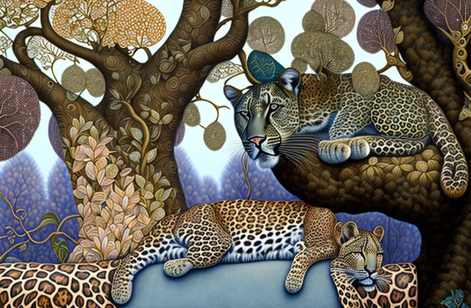 Stylized illustration of two leopards in lush foliage