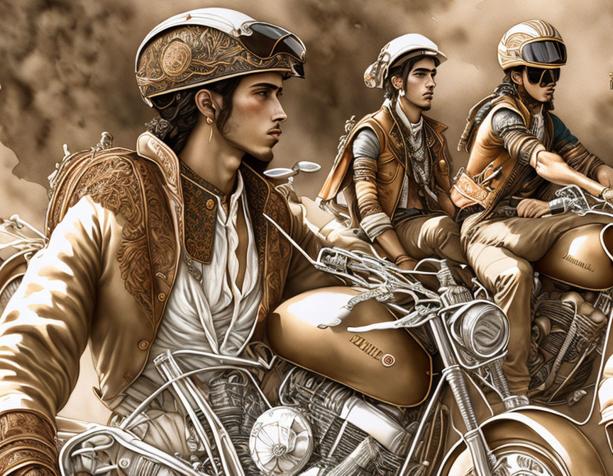 Steampunk-themed motorcycle riders in ornate attire on a journey.
