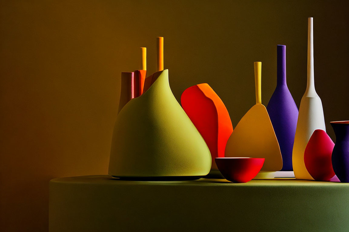 Colorful Stylized Vases and Bowls on Round Table with Matte Finishes