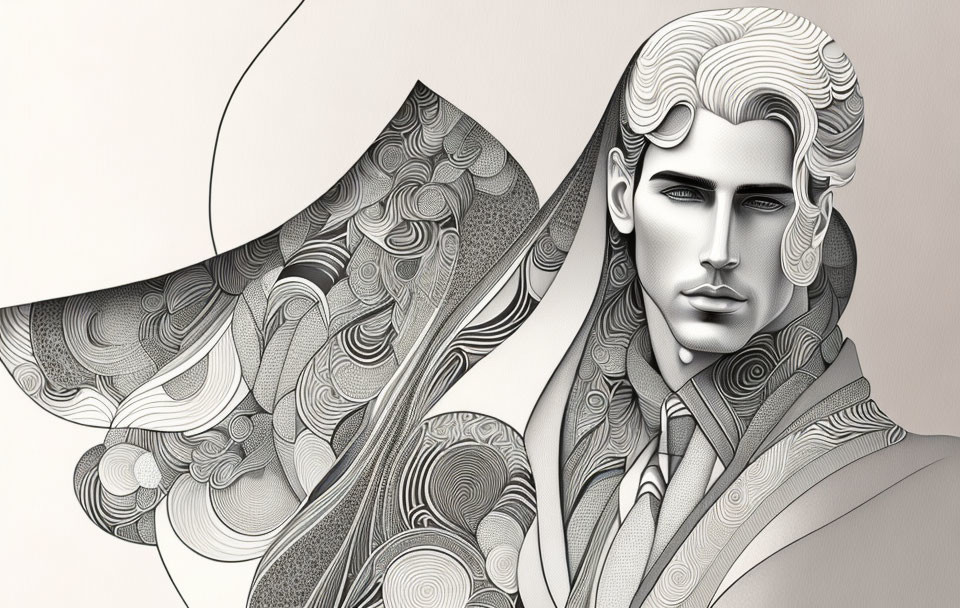 Monochromatic digital art of stylized man with wavy hair and abstract patterns in grayscale palette