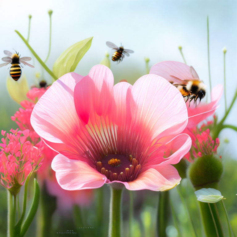 Pink flower with translucent petals in sunlit field among bees and green flora under blue sky