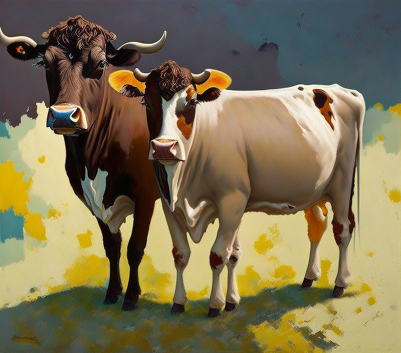 Stylized painting featuring two cows with toast in mouths on yellow background