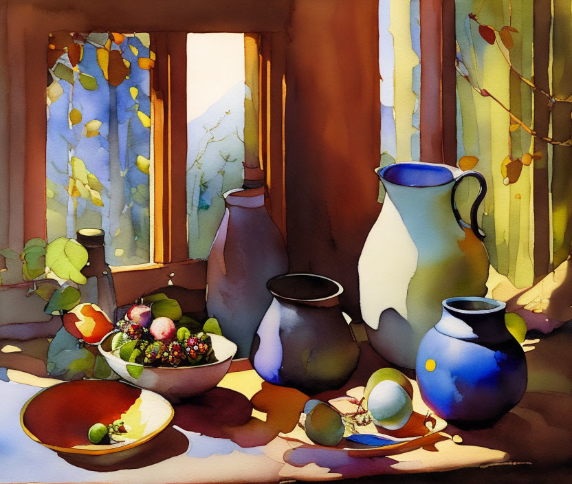 Still-life watercolor painting: fruit bowl, white jug, vases on windowsill with mountain view