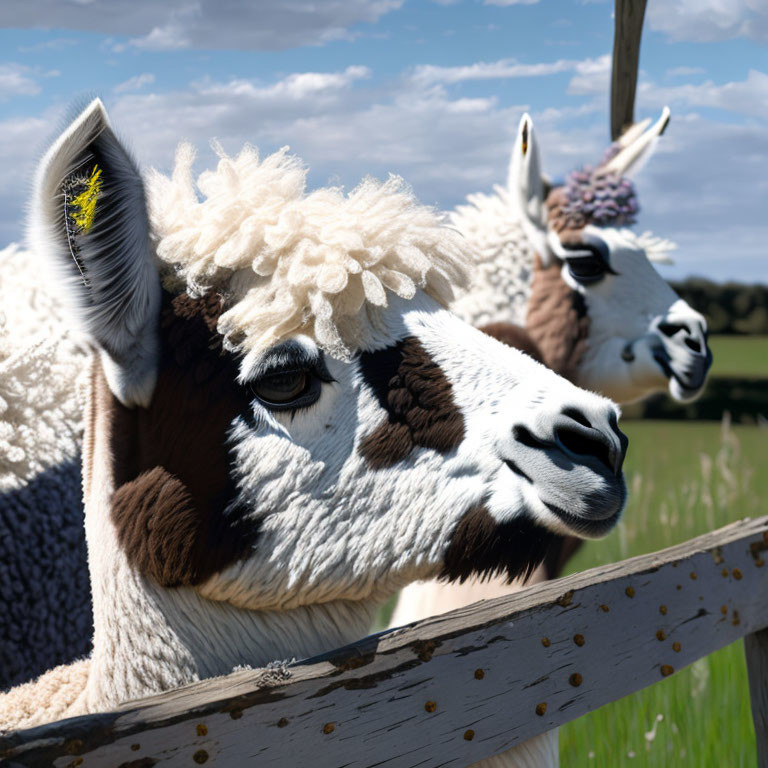 Fluffy-coated alpacas with ear tag behind wooden fence under blue sky
