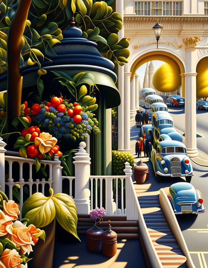 Whimsical street scene with lush trees, colorful flowers, classic cars, and charming buildings