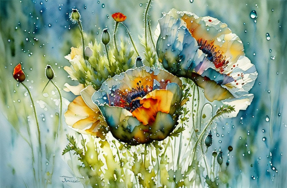 Translucent Poppy Flowers Watercolor Painting with Raindrops