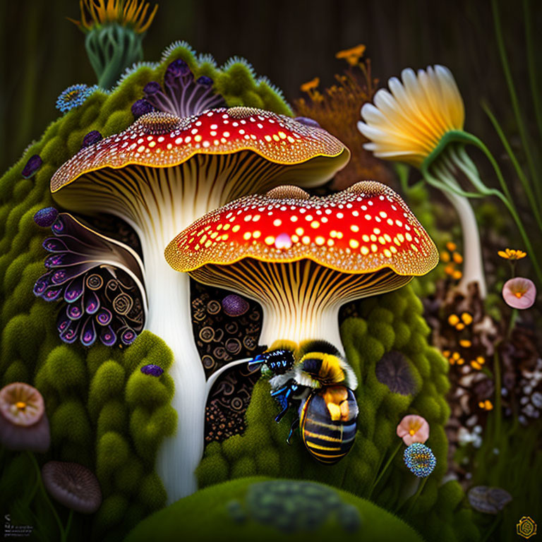 Colorful Mushroom and Bee Illustration in Forest Scene
