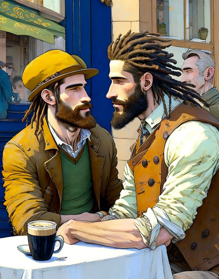 Two bearded men in stylish attire with intense gazes at cafe table, one in yellow cap,