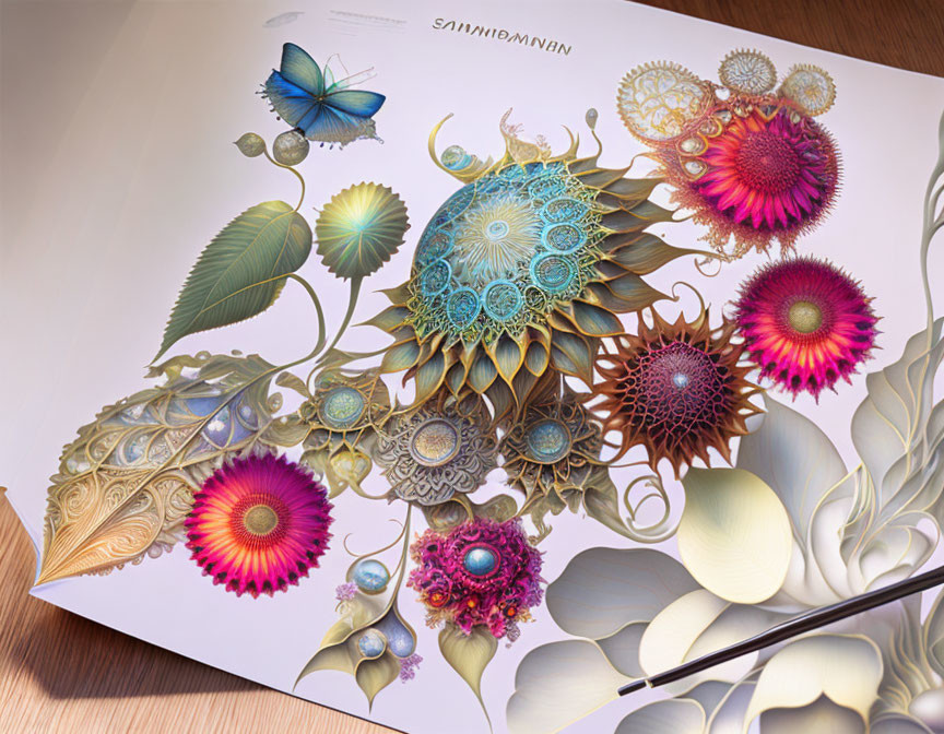 Detailed Illustration of Ornate Fantasy Flowers with Mechanical Elements on Open Book