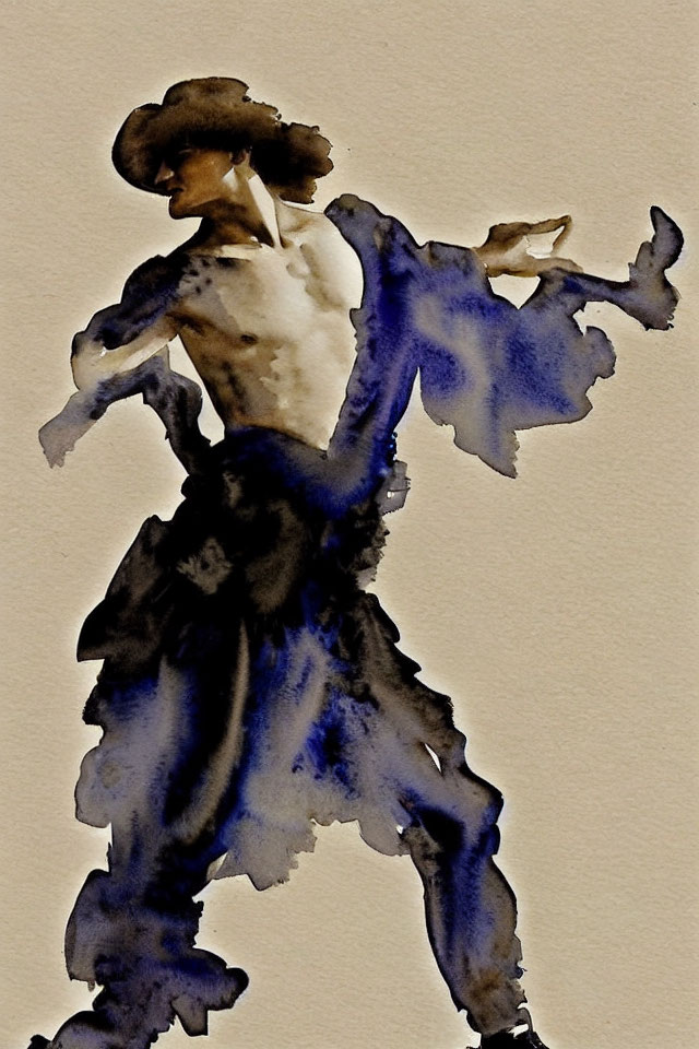 Figure in Wide-Brimmed Hat and Flowing Dress Watercolor Painting