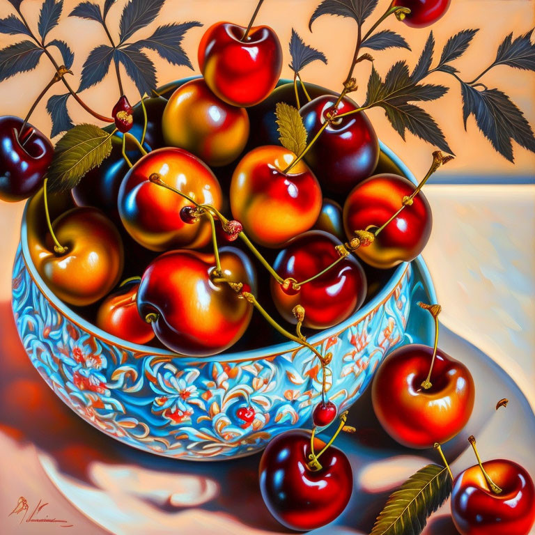 Realistic still life painting of ripe cherries in blue bowl