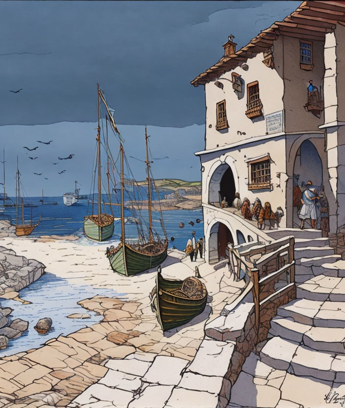 Traditional coastal scene with boats, quay, houses, and people by the waterfront