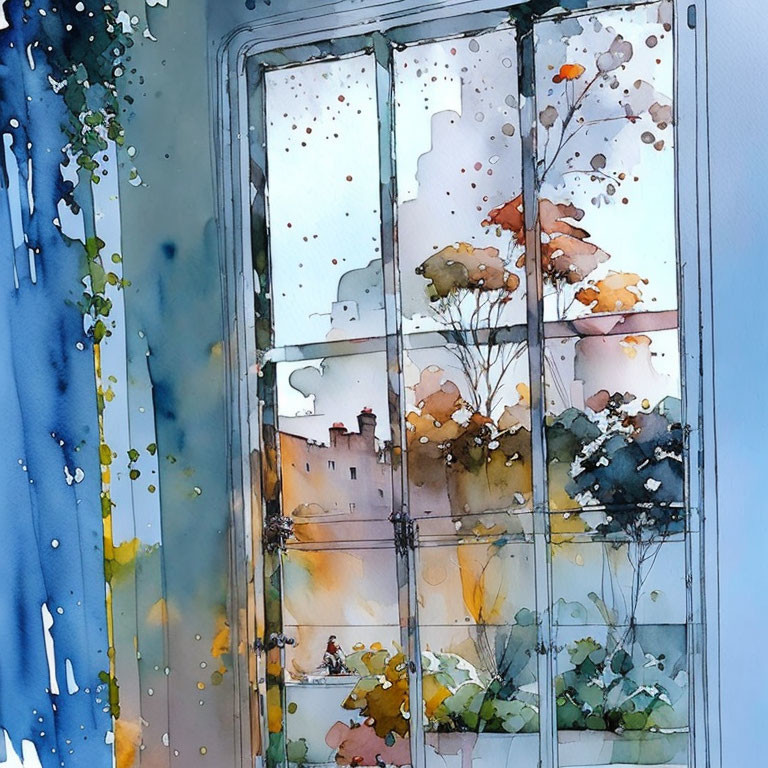 Autumn cityscape in watercolor through rain-spattered window