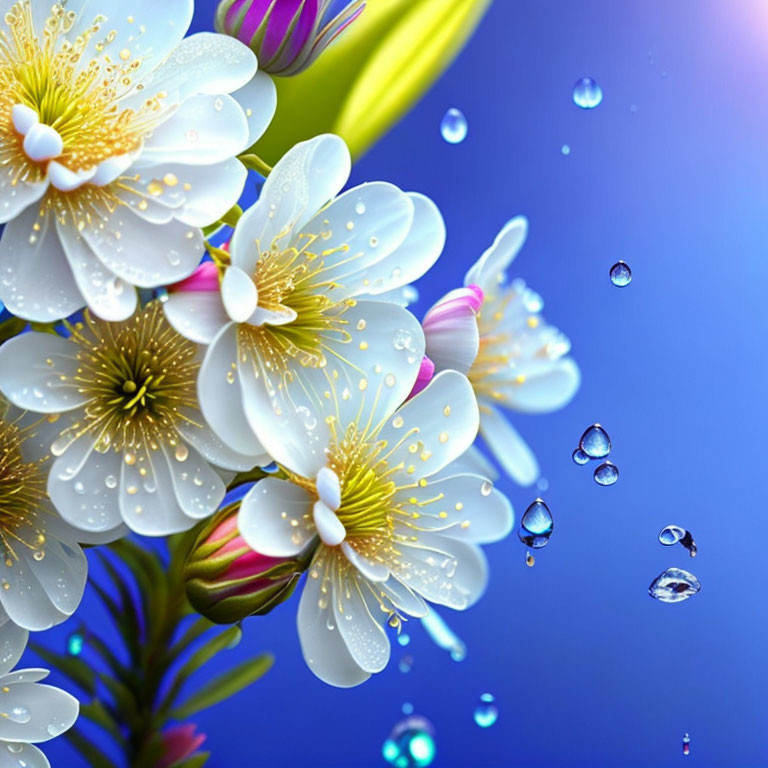 White Flowers with Yellow Centers and Water Droplets on Blue Background