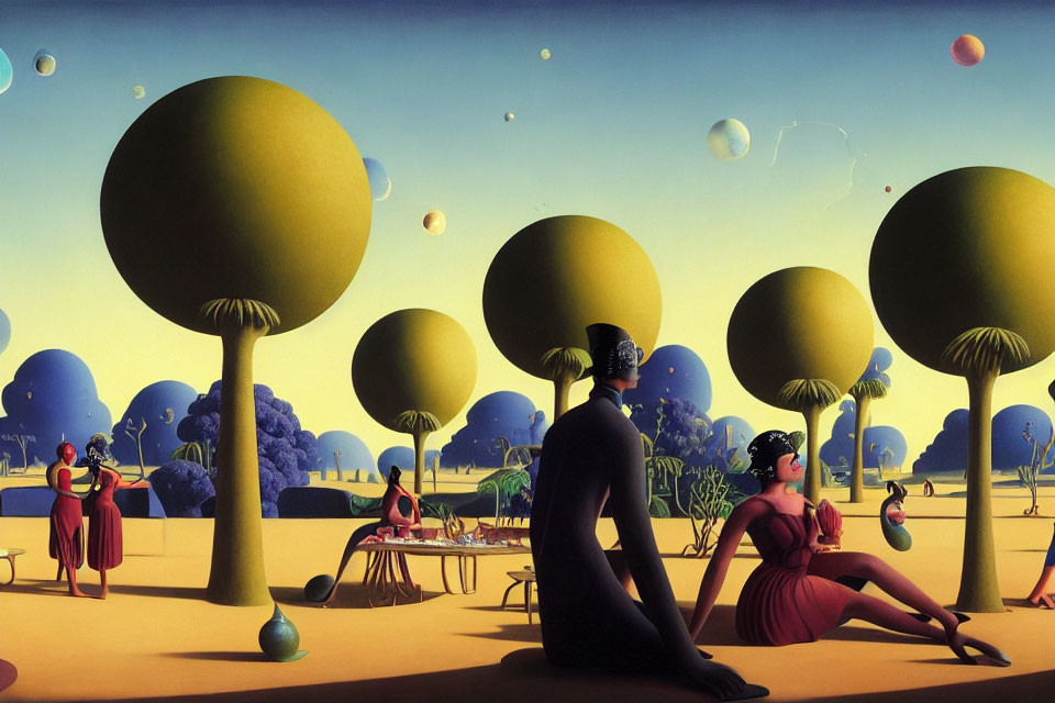 Surrealist artwork with stylized landscape and floating bubbles