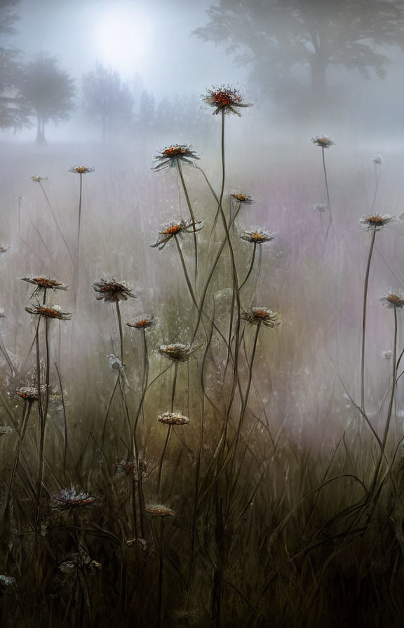 Misty meadow with tall wildflowers and soft glow
