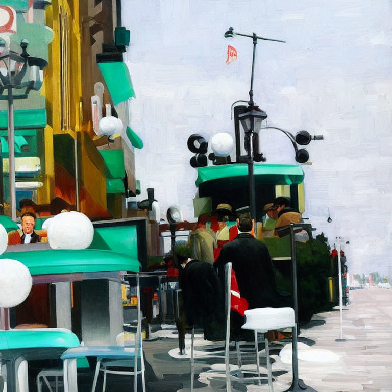 Impressionist-style painting of bustling street scene with green diner and patrons.