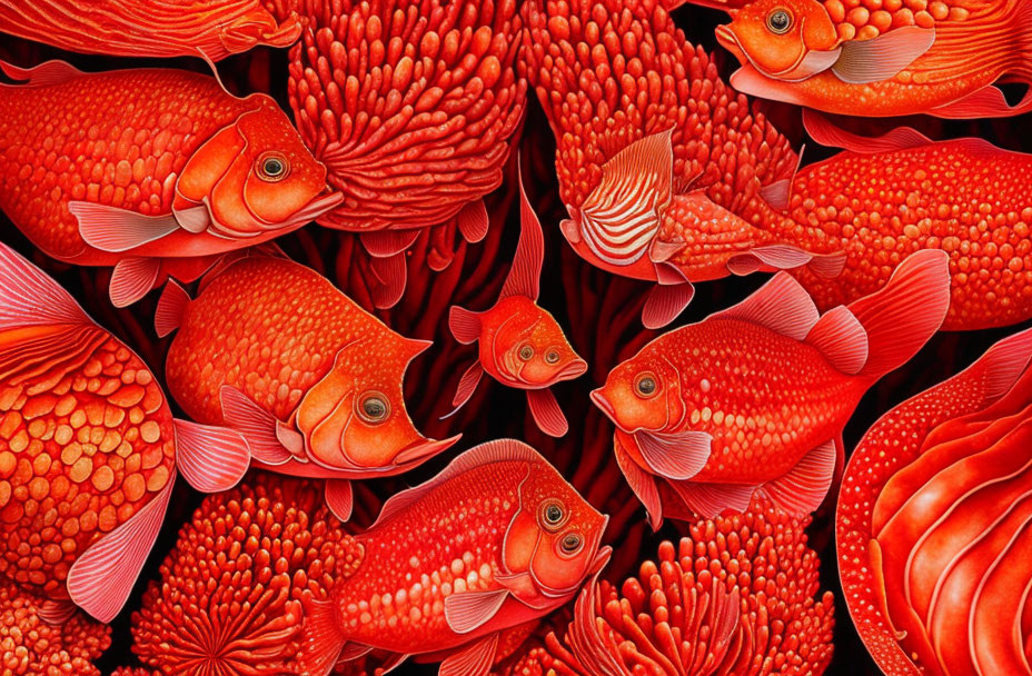 Red ornamental fish and floral patterns in vibrant digital artwork