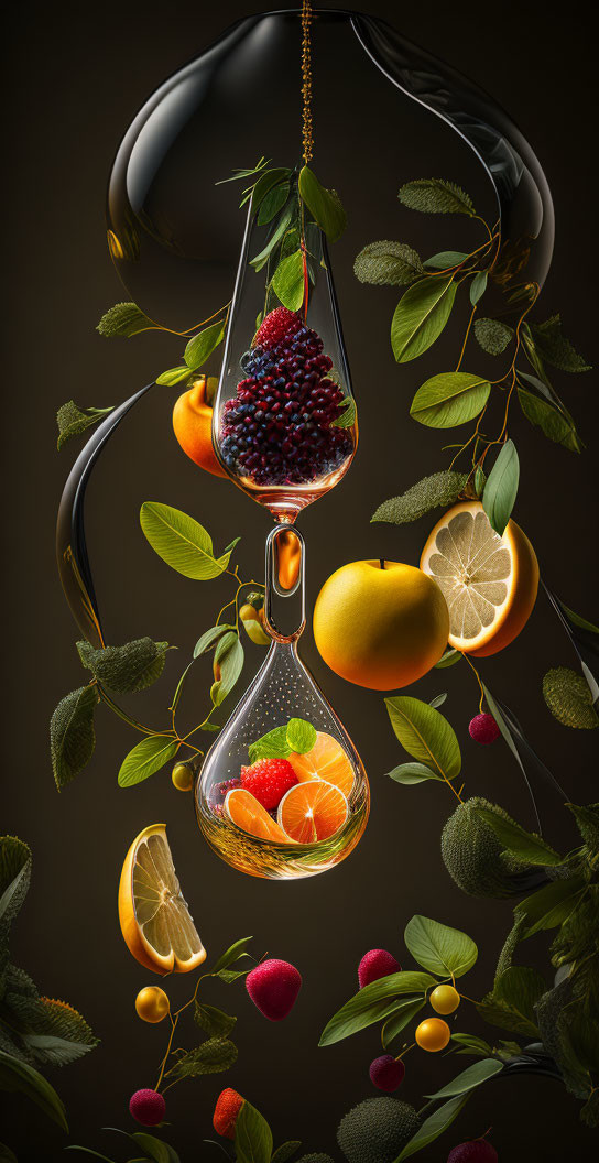 Interconnected Glass Flasks with Pomegranate Seeds and Kumquats surrounded by Citrus F