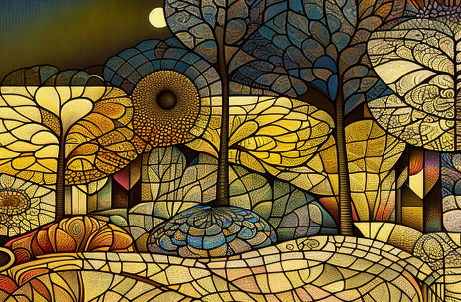 Colorful Stylized Artwork of Mosaic Landscape with Trees and Crescent Moon