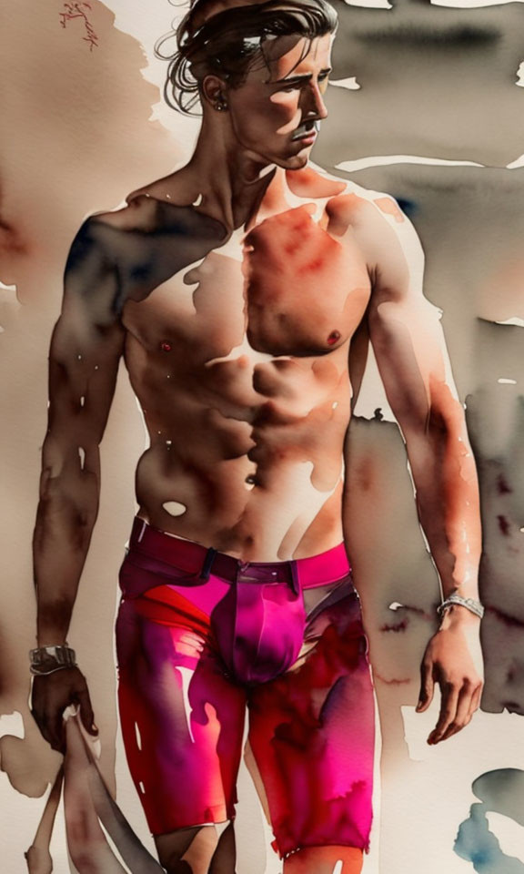 Muscular Man in Red Swim Trunks Watercolor Painting