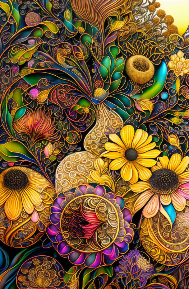Colorful Sunflower and Abstract Floral Pattern in Rich Palette