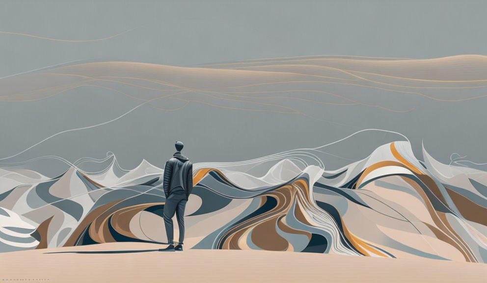 Surreal desert landscape with stylized figure in minimalist sky