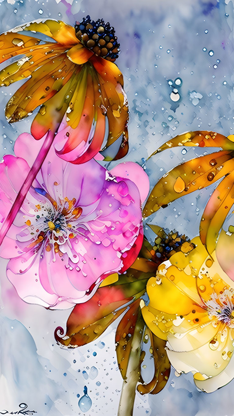Vibrant stylized flowers with water droplets on blurred blue backdrop