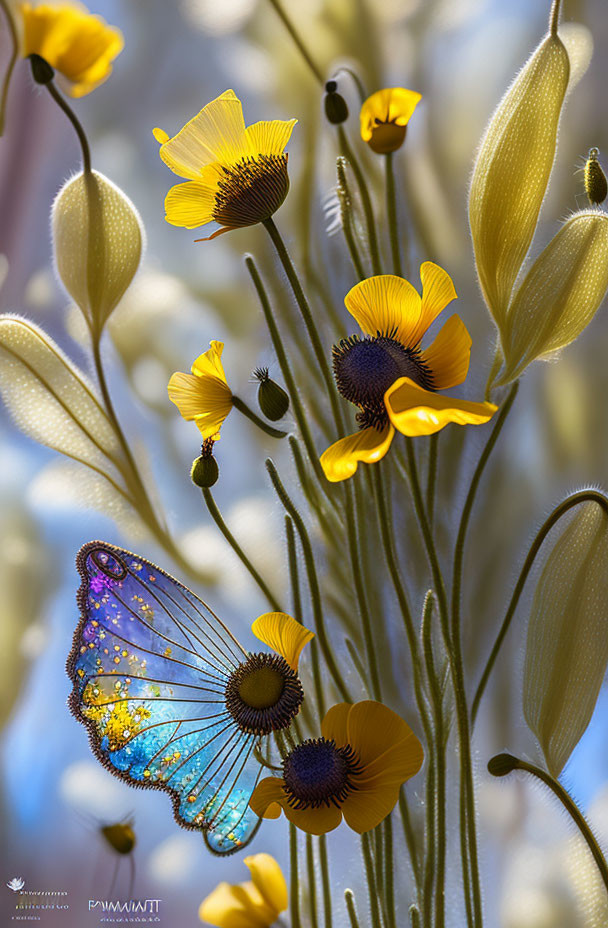 Colorful butterfly on yellow and purple flowers with blue background.