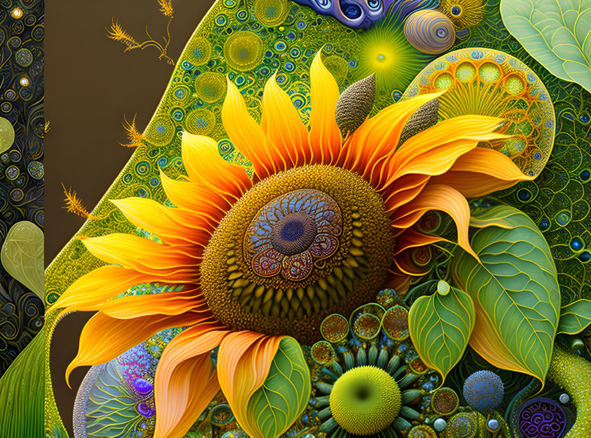 Colorful digital art of intricate sunflower patterns and abstract foliage.