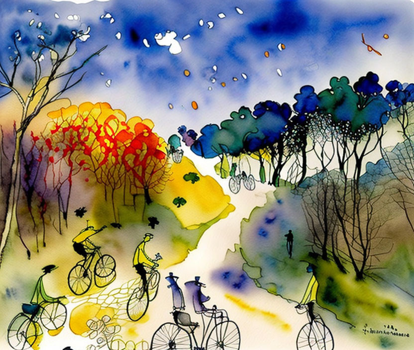 Colorful watercolor landscape with whimsical trees, figures on bicycles, and floating leaves.