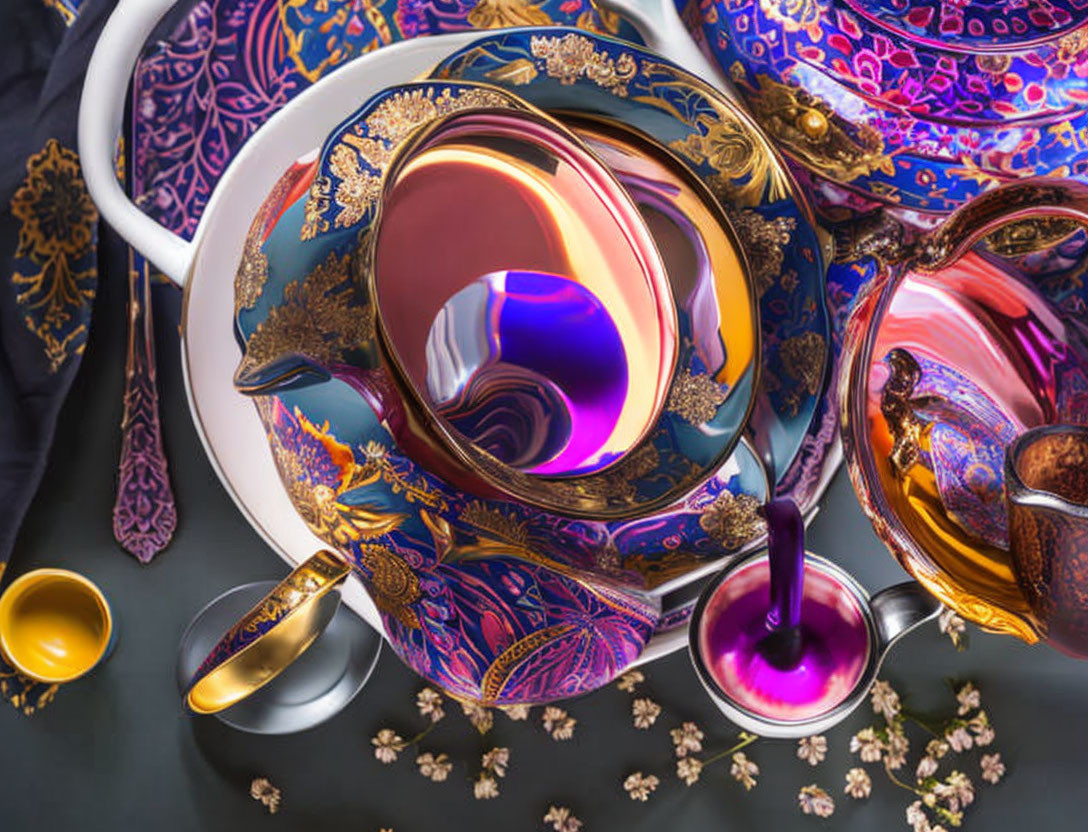 Colorful Tea Set with Intricate Patterns and Blossoms on Dark Surface